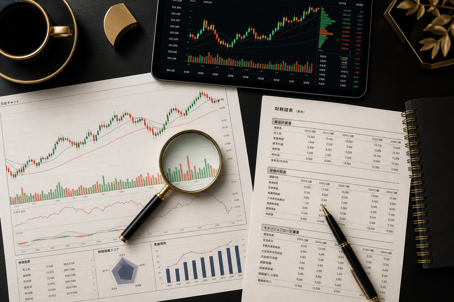株価チャートと企業分析資料